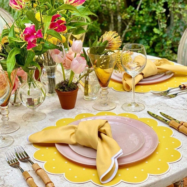 Frühling Tisch Gelb Tischset Servietten Set, Frisches Weiß Bestickter Rand,