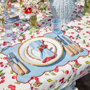 Elegant Blue and Red Embroidered Placemat and Napkin Set for Garden and Dining, Party table decor