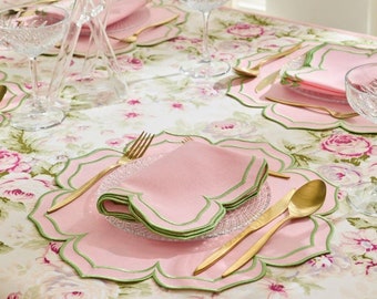 Enchanting Garden - Pink Fabric with Green Embroidery Placemat Napkin Set: Add a touch of elegance and charm to your dining table