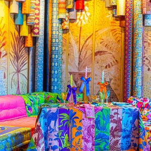 Colorful Jungle Print Tablecloth with Fringe – Maximalist Boho Decor – Vibrant Dining Table Cover for Parties or Summer Entertaining