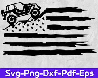 Könnte beinhalten: Schwarz-weiße Silhouette eines Jeeps, der einen Hügel hinauf fährt, mit einer abgenutzten amerikanischen Flagge dahinter.