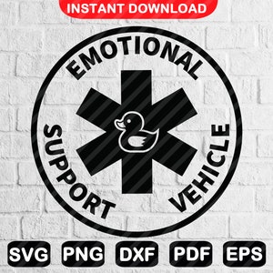 May include: Black and white graphic design of a star of life with a rubber ducky in the center. The text around the star reads "Emotional Support Vehicle".
