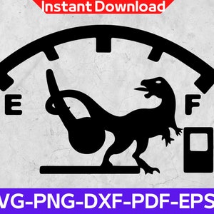 May include: Black and white silhouette of a dinosaur on a fuel gauge with the letters "E" and "F" on either side. The dinosaur is positioned as if it is the needle on the gauge, indicating that the fuel tank is almost empty.