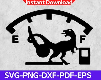 May include: Black and white silhouette of a dinosaur on a fuel gauge with the letters "E" and "F" on either side. The dinosaur is positioned as if it is the needle on the gauge, indicating that the fuel tank is almost empty.