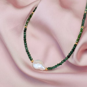 Green Jade and freshwater pearl necklace gemstone necklace green crystal choker jadeite beaded jewelry handmade gift jade and pearl choker image 1