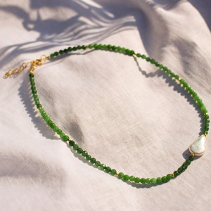 Green Jade and freshwater pearl necklace gemstone necklace green crystal choker jadeite beaded jewelry handmade gift jade and pearl choker image 4