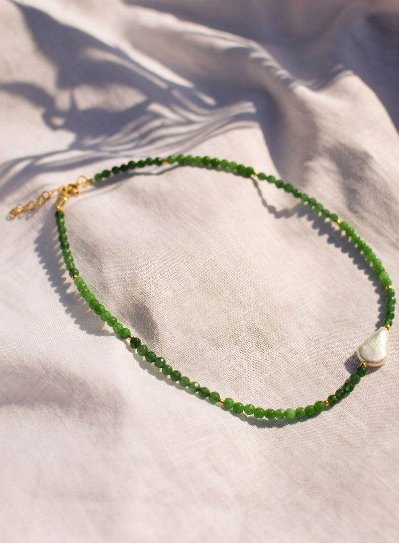Green Jade and freshwater pearl necklace gemstone necklace green crystal choker jadeite beaded jewelry handmade gift jade and pearl choker image 4