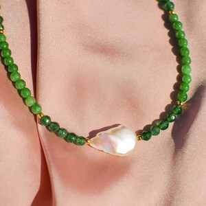 Green Jade and freshwater pearl necklace gemstone necklace green crystal choker jadeite beaded jewelry handmade gift jade and pearl choker image 2
