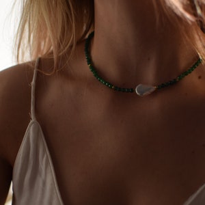 Green Jade and freshwater pearl necklace gemstone necklace green crystal choker jadeite beaded jewelry handmade gift jade and pearl choker image 5