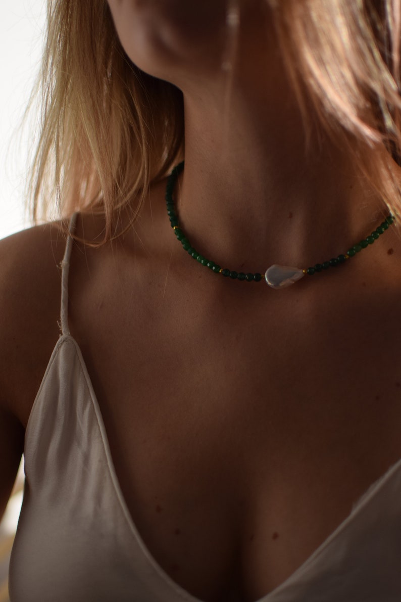 Green Jade and freshwater pearl necklace gemstone necklace green crystal choker jadeite beaded jewelry handmade gift jade and pearl choker image 5