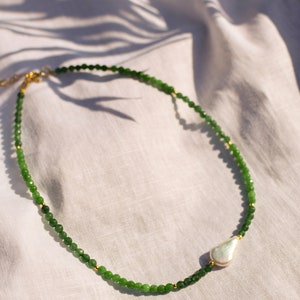 Green Jade and freshwater pearl necklace gemstone necklace green crystal choker jadeite beaded jewelry handmade gift jade and pearl choker image 3