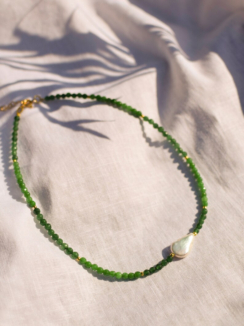 Green Jade and freshwater pearl necklace gemstone necklace green crystal choker jadeite beaded jewelry handmade gift jade and pearl choker image 3