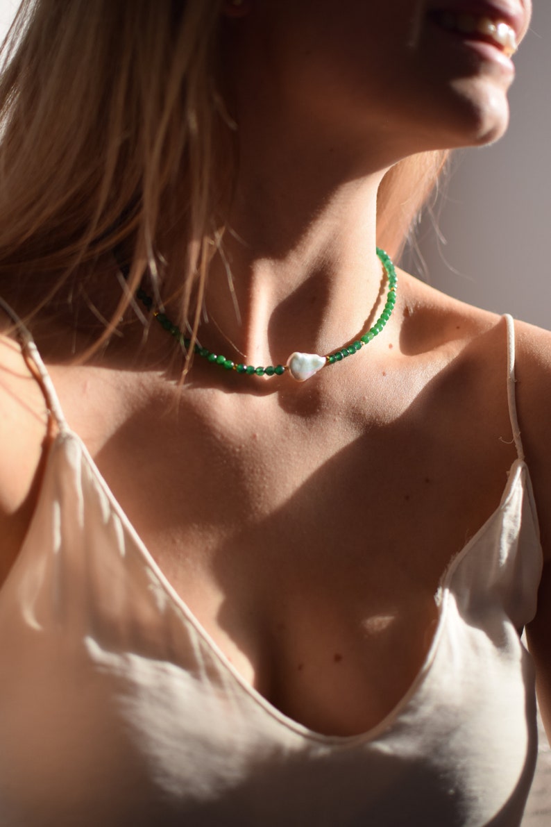 Green Jade and freshwater pearl necklace gemstone necklace green crystal choker jadeite beaded jewelry handmade gift jade and pearl choker image 6