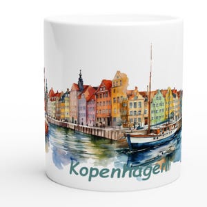 Kopenhagen Tasse mit Nyhavn Aquarell-Illustration – 0,33 L Kaffeebecher | Dänemark Souvenir, Geschenk für Skandinavien-Fans & Reisende