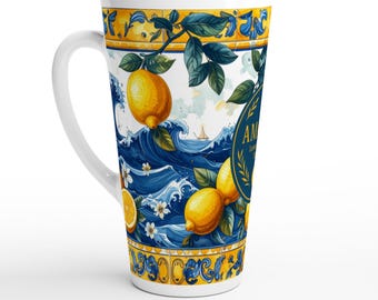 Amalfi Latte Tasse 440 ml – Zitronen & Wellen Design · Mediterrane Kachelkunst · Italien Geschenkidee · Lemon Mug