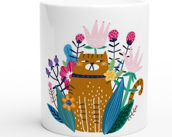 Cat Mug 0.33 l – colorful illustration with flowers, ceramic mug, gift idea for cat lovers, coffee & tea