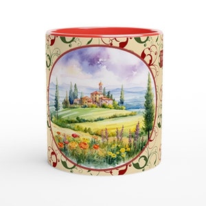 Ceramic mug with Tuscany motif, 0.33 liters, ergonomic handle, dishwasher and microwave safe, perfect for Italy fans