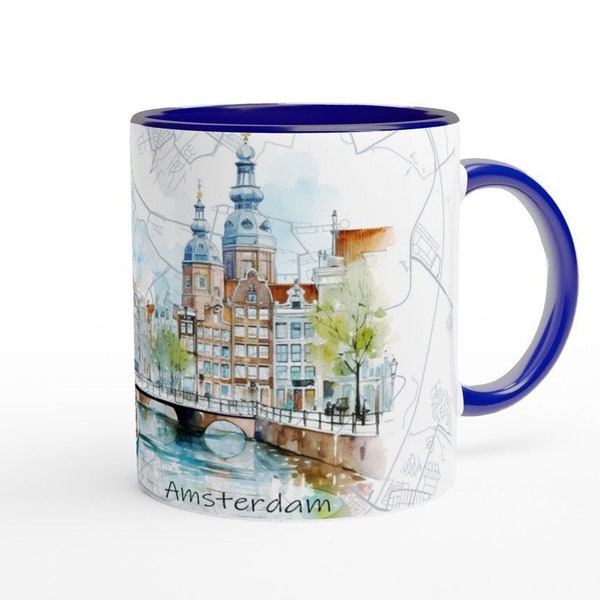 Aquarell Tasse Amsterdam - Kanal mit Boot und Brücke Amsterdam