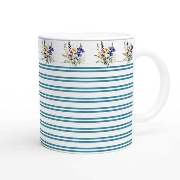 Blumen  Kaffeebecher Keramik Blau Weiße Tasse Streifen