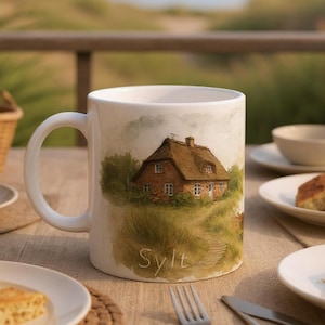 Puede incluir: Taza de cerámica blanca con una ilustración a la acuarela de una casa con techo de paja sobre una colina cubierta de hierba, con la palabra "Sylt" debajo. La taza está sobre una mesa de madera con comida y cubiertos.