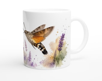 Lavender cup with hummingbird hawk-moth – Botanical watercolor motif