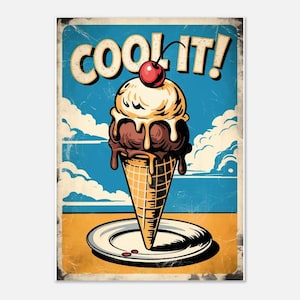 Poster retrò "Cool It!" Design gelato, carta semilucida, 13 x 18 cm, con certificazione FSC, qualità premium sostenibile, affascinante decorazione da parete