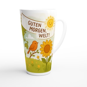 Guten Morgen Welt Tasse – große Latte Tasse 0,44l – Keramiktasse konisch – Geschenk für Frühaufsteher – Kaffeetasse  Weltkarte & Vogelmotiv