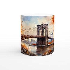 Coffee mug &quot;Autumn Magic in New York&quot; – Watercolor Brooklyn Bridge, ceramic mug 0.33l, dishwasher-safe, gift idea for NYC fans