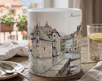 Taza de Annecy – Taza de canal con acuarela de Francia – Recuerdo de viaje a los Alpes | Taza con acuarela de 330 ml
