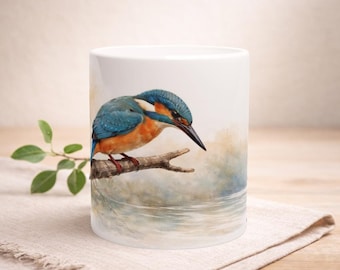 Kingfisher Ceramic Mug – Coffee Mug with Watercolor Motif & C-Handle