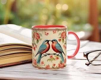 Romantische Vogel-Aquarell Tasse Geschenk für Freundin Freund Herz Liebe Kaffee Geschenk