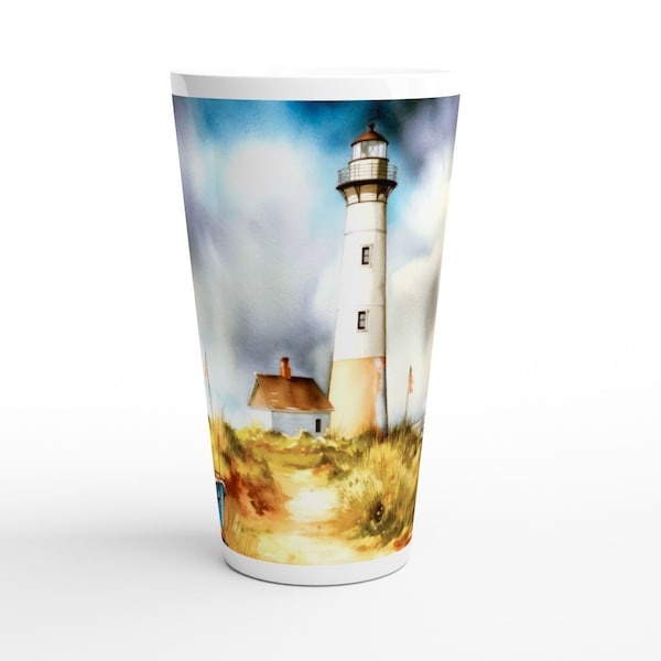 Tasse für Meer Liebhaber - Grafik mit Leuchtturm, Boot und Strand