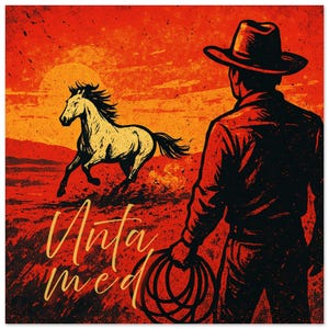 Poster Mustang Bianco – Stampa Fine Art 50 x 50 cm con cavallo nella prateria al tramonto, finitura opaca, regalo per gli amanti del Western