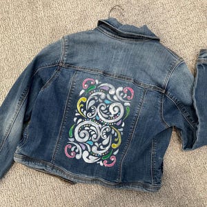 Hand painted size 10-12 denim jacket  unique design glittery accents teen fashion unique youth clothing gift painted Jean jacket trendy