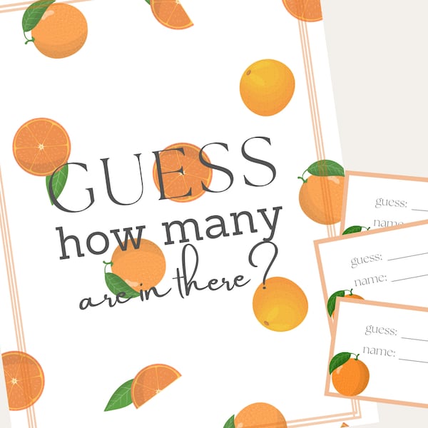 Little cutie - Guess how many candies, cuties, orange slices are in there? Baby Shower game; Bridal shower game; Party game. Citrus theme.