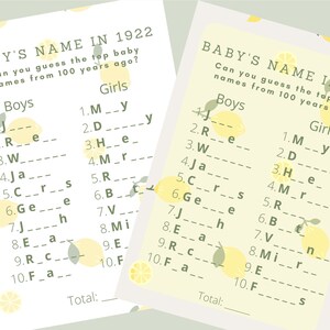 Lemon BOY OR GIRL - theme baby name shower game; citrus fill in the blank baby shower game; yellow gender neutral baby shower game