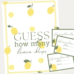 Guess how many lemon drops sign and cards, how many candies game, how many are in the jar gender neutral baby shower game, bridal shower
