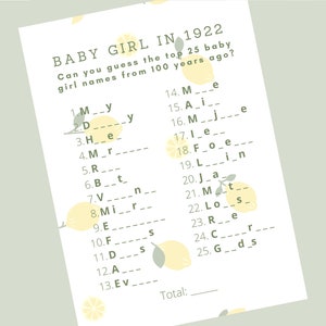 Zitrone BABY GIRL - Zitrus Thema Baby-Mädchen-Dusche-Spiel; Die beliebtesten Babynamen füllen das Blankspiel aus