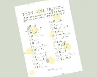 Lemon BABY GIRL - citrus theme baby girl shower game; most popular baby names fill in the blank game