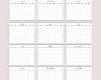 May include: A printable blank calendar planner with 12 months, January through December. Each month is displayed on a separate page with a grid layout for writing in appointments and events.