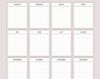 May include: A printable monthly calendar planner with 12 pages, one for each month of the year. Each page has a simple grid layout with lines for dates and space for writing notes.