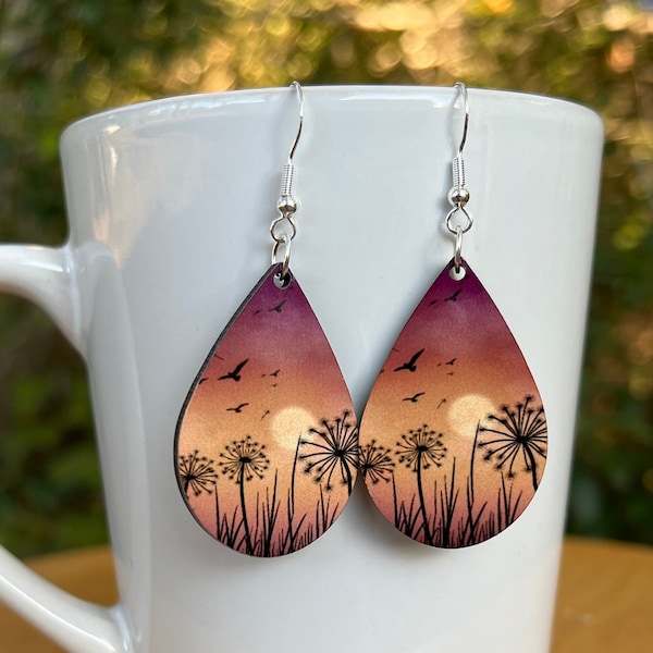 Free spirit dandelion earrings, sunset dandelion earrings