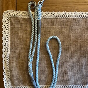 May include: A light blue and white rope dog leash with a silver clip and a loop at the end.