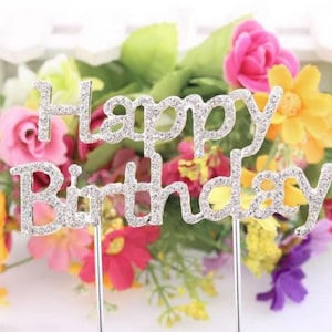 Happy Birthday Rhinestone Birthday Cake Topper 3-1/2&quot; X 1-1/2&quot;