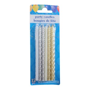 4&quot; Long Birthday Party Candles White Gold Silver Twisted 12pc Set