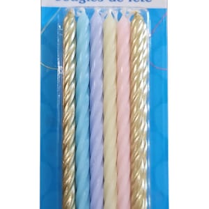 4&quot; Long Birthday Party Candles Pastel Colors Gold Twisted 12pc Set