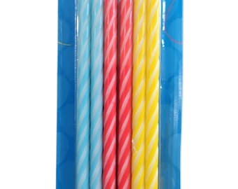 Conjunto de 12 velas de aniversário extra longas de 5 polegadas em 3 cores com fitas decorativas.