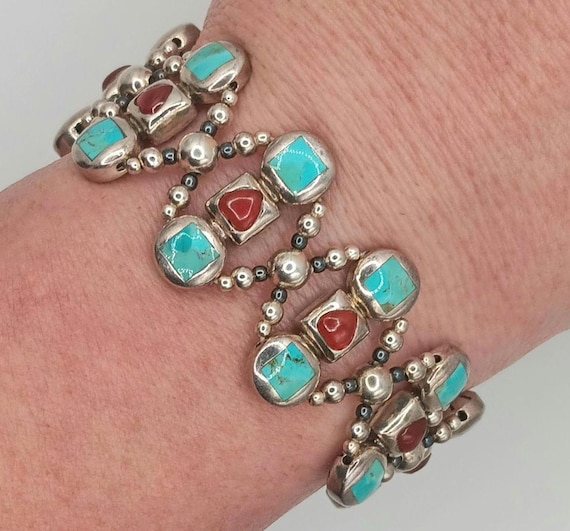 Solid Sterling Silver Turquoise & Red Agate Stret… - image 1