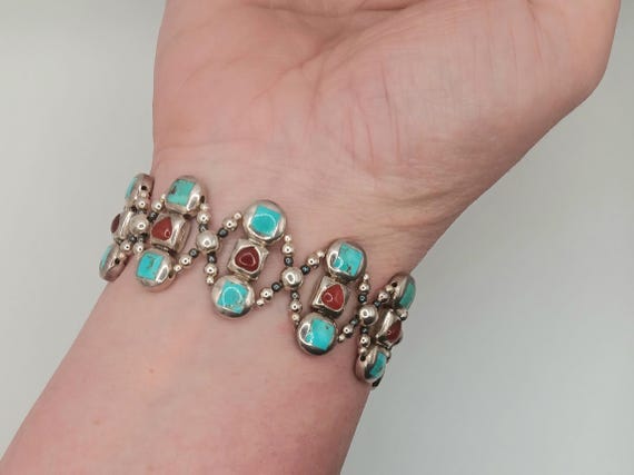 Solid Sterling Silver Turquoise & Red Agate Stret… - image 5