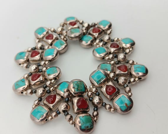 Solid Sterling Silver Turquoise & Red Agate Stret… - image 4